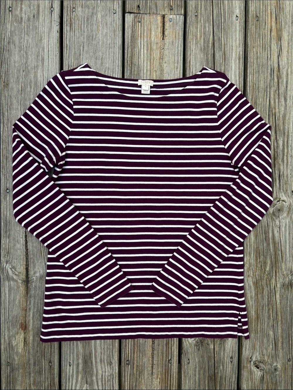 J CREW | Classic Plum & Ivory Boatneck Striped Fisherman Long Sleeve Top Size S